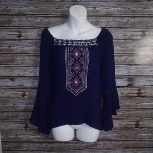 NWOT KNIT WORKS RAYON BLOUSE WITH FLARE SLEEVES.